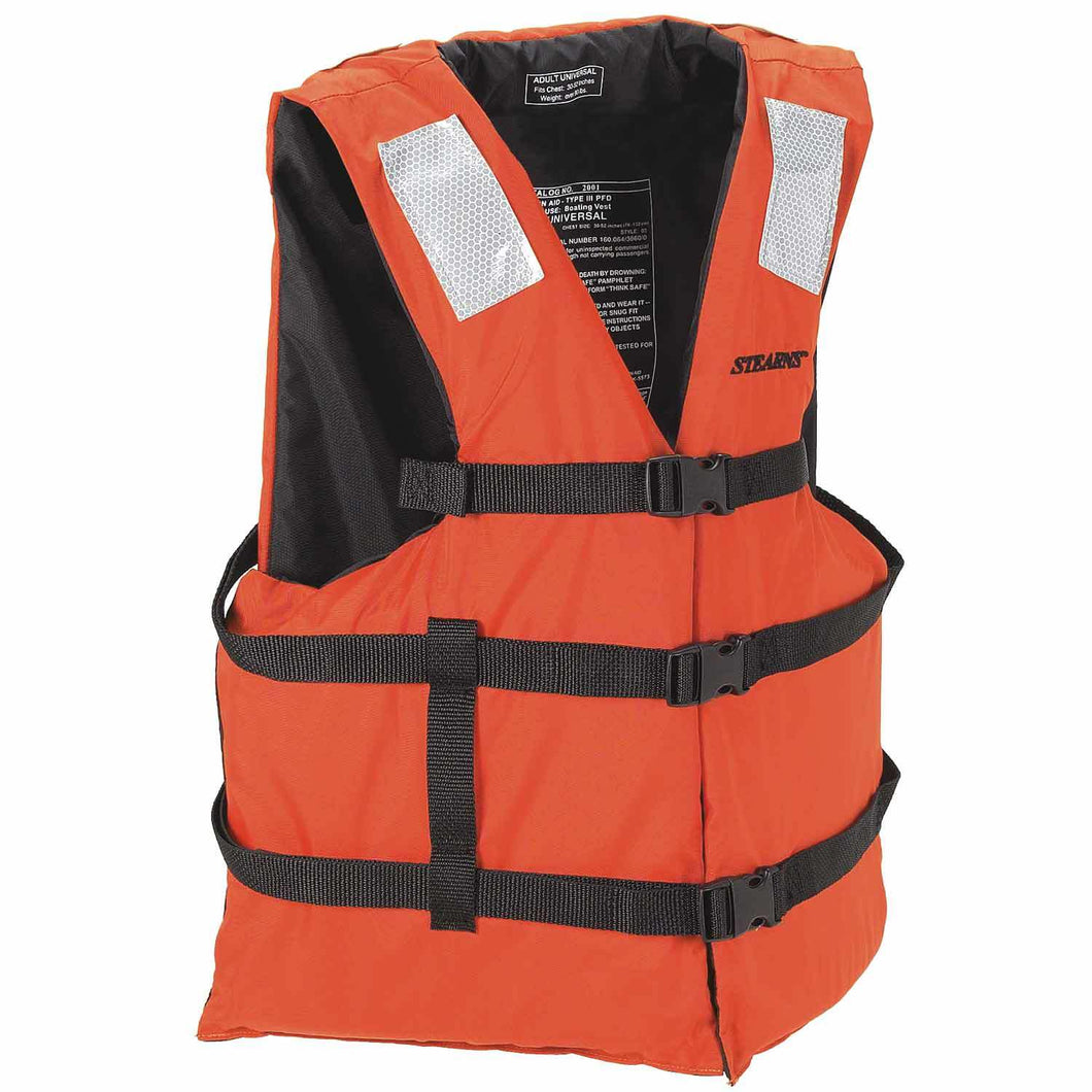 2001 Stearns US Coast Guard Approved Adult Universal Life Vest With 3M Reflective Strips, Orange